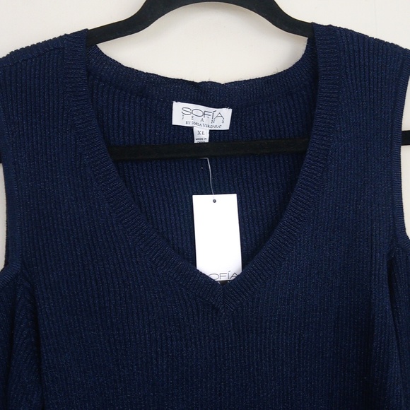 New Ribbed Sparkly Knit V Neck Cold Shoulder Stretchy Sweater Top - Picture 5 of 14